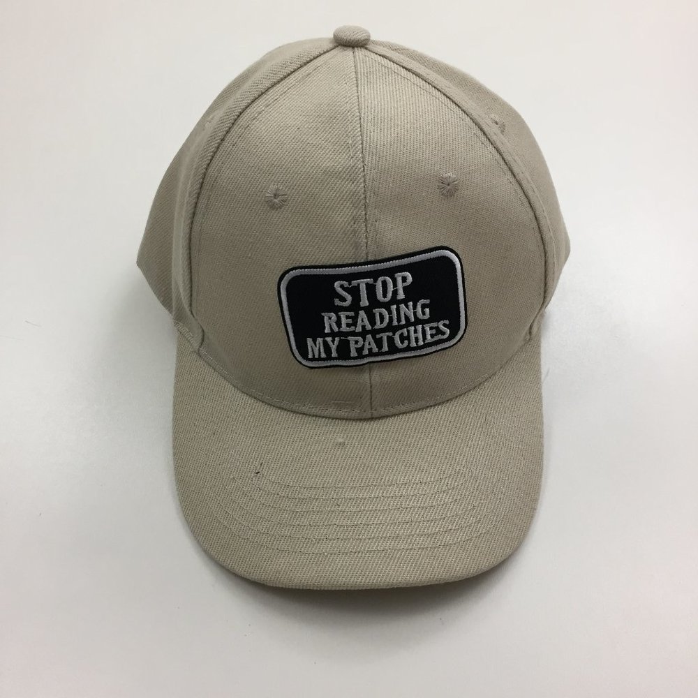 NWOT Taupe/Very Light Beige Black Patch "Stop Reading My Patches" Baseball Cap
